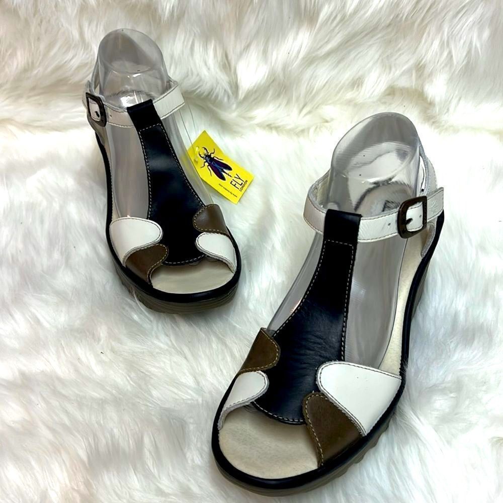 Fly London 40 "Yila" Brown Black White Sandals Size 9/9.5 BIN 19